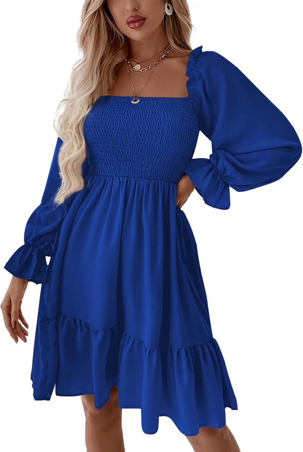 LYANER Women's Square Neck Lantern Long Sleeve Ruffle Shirred Flowy Party Mini Dress