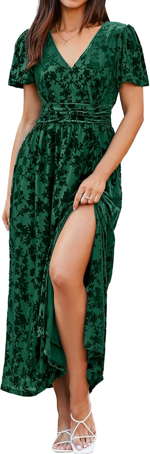 Simplee Women's Velvet Maxi Dress V Neck Short Sleeve Empire Waist Semi Formal Long Cocktail Dresses