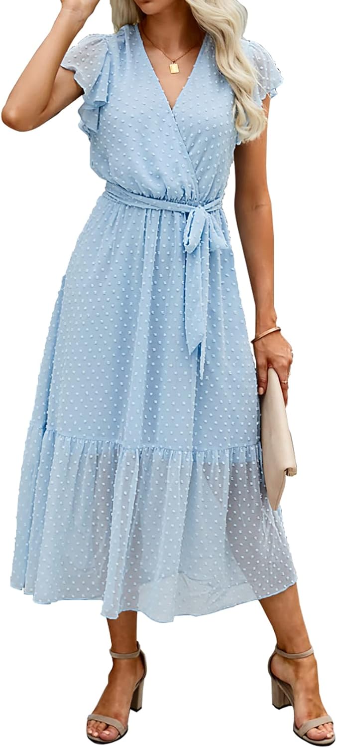 BTFBM Women Summer Bohemian Floral Casual Wrap V Neck Ruffle Cap Sleeveless Belt A-Line Pleated Hem Midi Sun Dress White