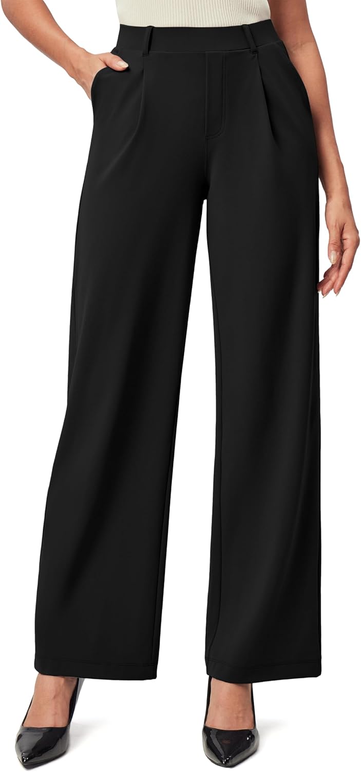 IUGA Womens Dress Pants Wide Leg Pull On Stretchy Work Pants Women High Waisted Business Casual Trousers with Pockets