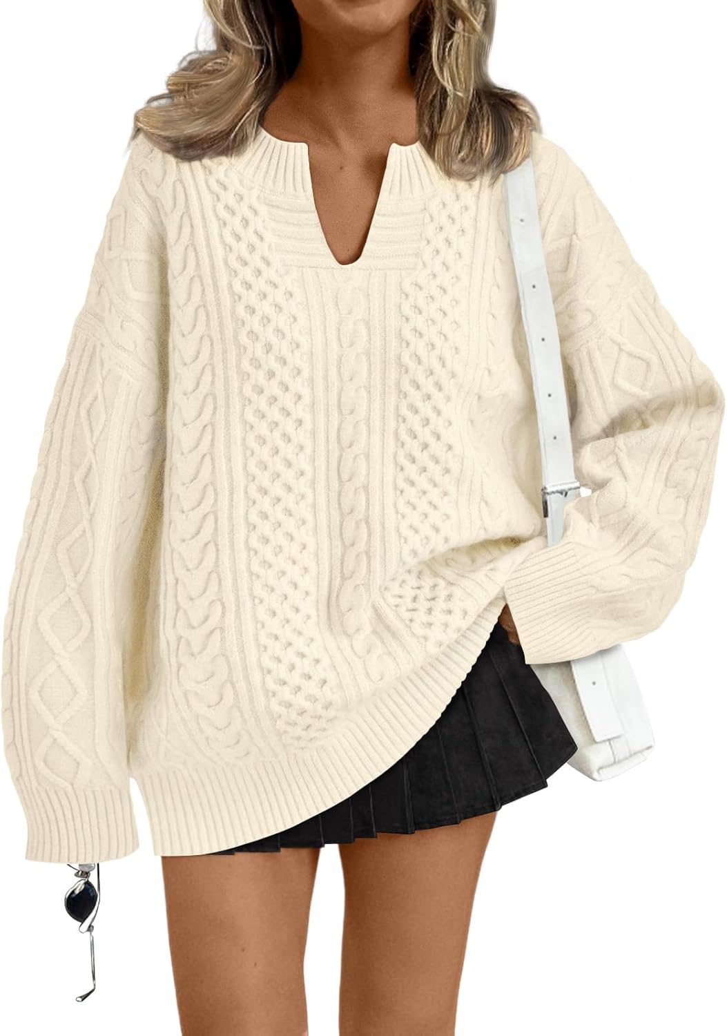 Trendy Queen V Neck Oversized Cable Knit Sweaters for Women Trendy 2025 Fall Fashion Outfits Clothes Winter Clothing