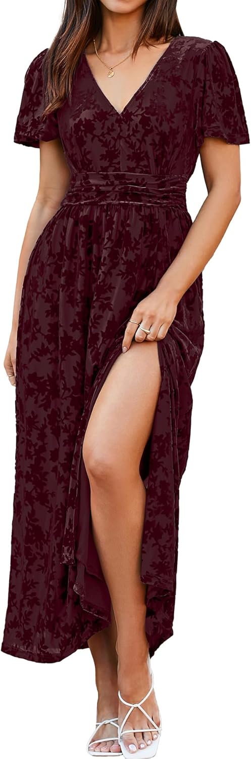 Simplee Women's Velvet Maxi Dress V Neck Short Sleeve Empire Waist Semi Formal Long Cocktail Dresses