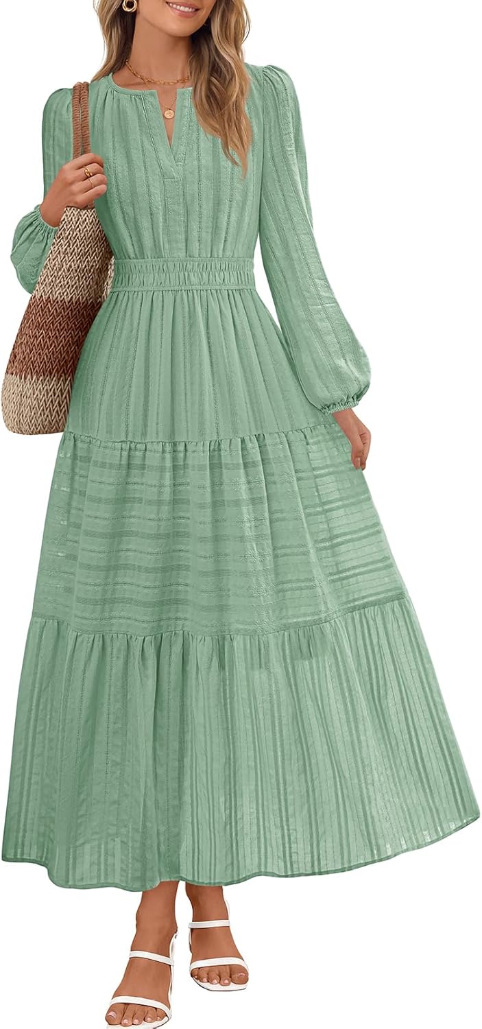 MEROKEETY Fall Dresses for Women 2025 Winter Long Sleeve Casual V Neck Tiered Cotton Midi Maxi Dress Pockets