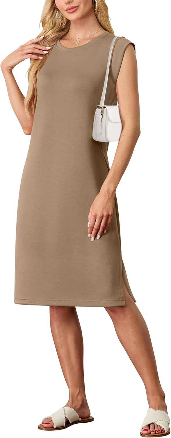 Summer Dresses for Women Round Neck Casual Loose Sleeveless Split Wrinkle-Free 2025 Midi Dress with Pockets