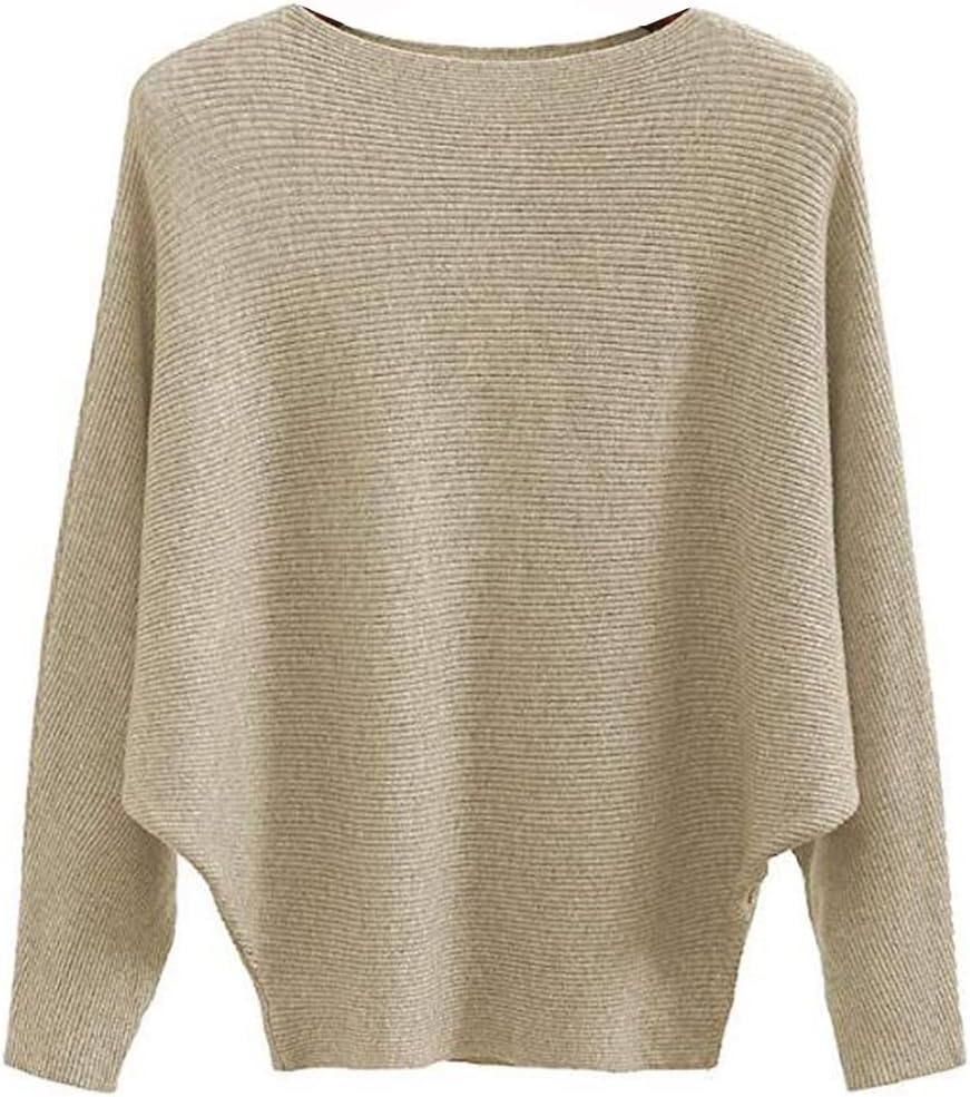 Ckikiou Womens Lightweight Oversized Boat Neck Sweaters Tops Dolman Batwing Sleeve Ribbed Knitted Pullovers