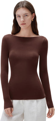 SUUKSESS Cloud Cashmere Women Boat Neck Fitted Long Sleeve Shirt Basic Knit Tops