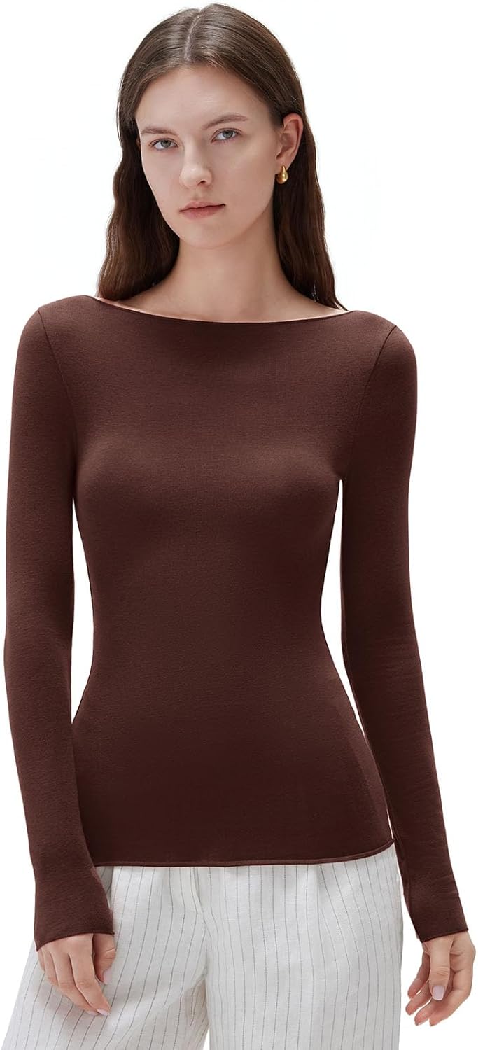 SUUKSESS Cloud Cashmere Women Boat Neck Fitted Long Sleeve Shirt Basic Knit Tops