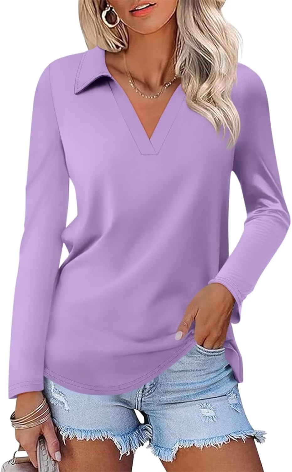ORANDESIGNE Women's Long Sleeve Polo Shirts Casual Color Block V Neck Tops Fall Collar Ladies Tunics Tees