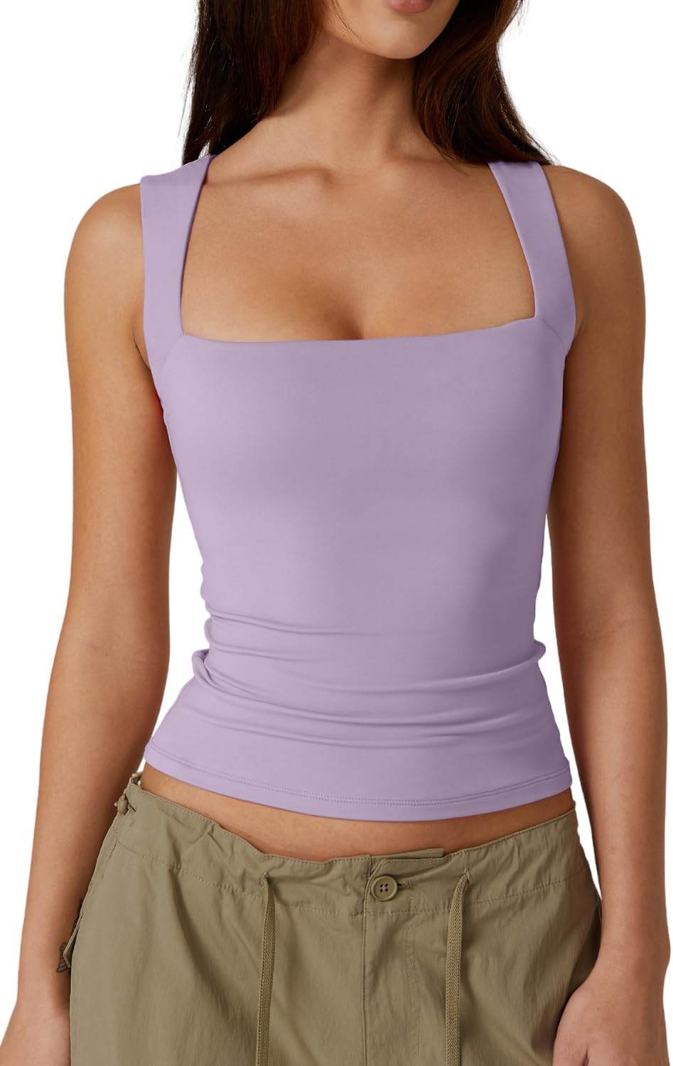 QINSEN Women's Square Neck Sleeveless Double-Layer Tank Tops Basic Tight T Shirts