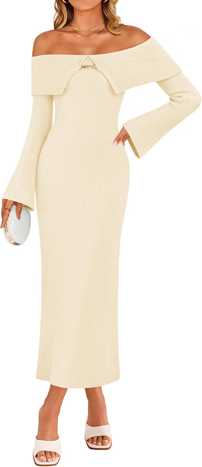 ZESICA Women's Fall Off Shoulder Sweater Dress 2025 Bell Long Sleeve Ribbed Knit Bodycon Formal Maxi Dresses