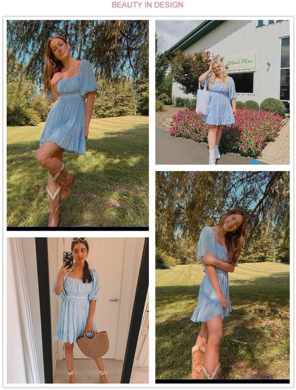 Dokotoo Womens Summer Dresses Square Neck Tie Back Lantern Sleeve Ruffle A-Line Casual Dress