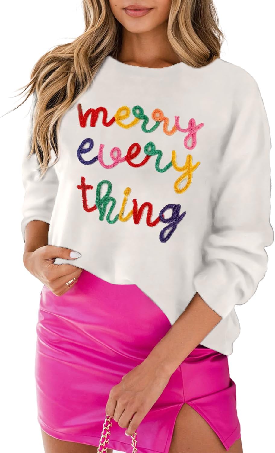 LEMAFER Women 2025 Merry Christmas Round Neck Sequin Letters Sweater Casual Solid Slogan Long Sleeve Pullover Sweatshirt Tops