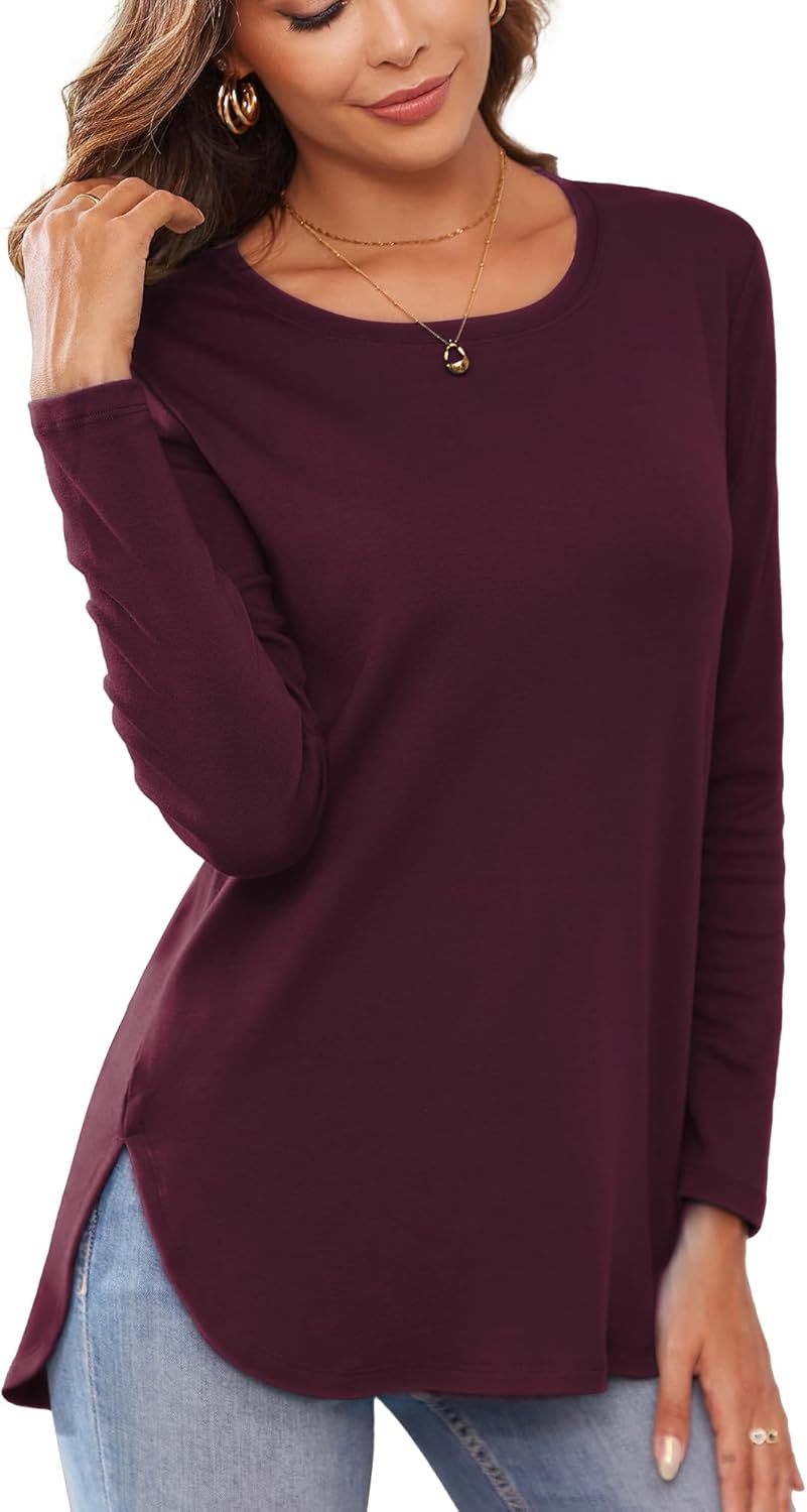 Herou Women's Casual Long Sleeve T Shirt Crewneck with Side Split Fall Pullover Loose Tunic Sweater Tops
