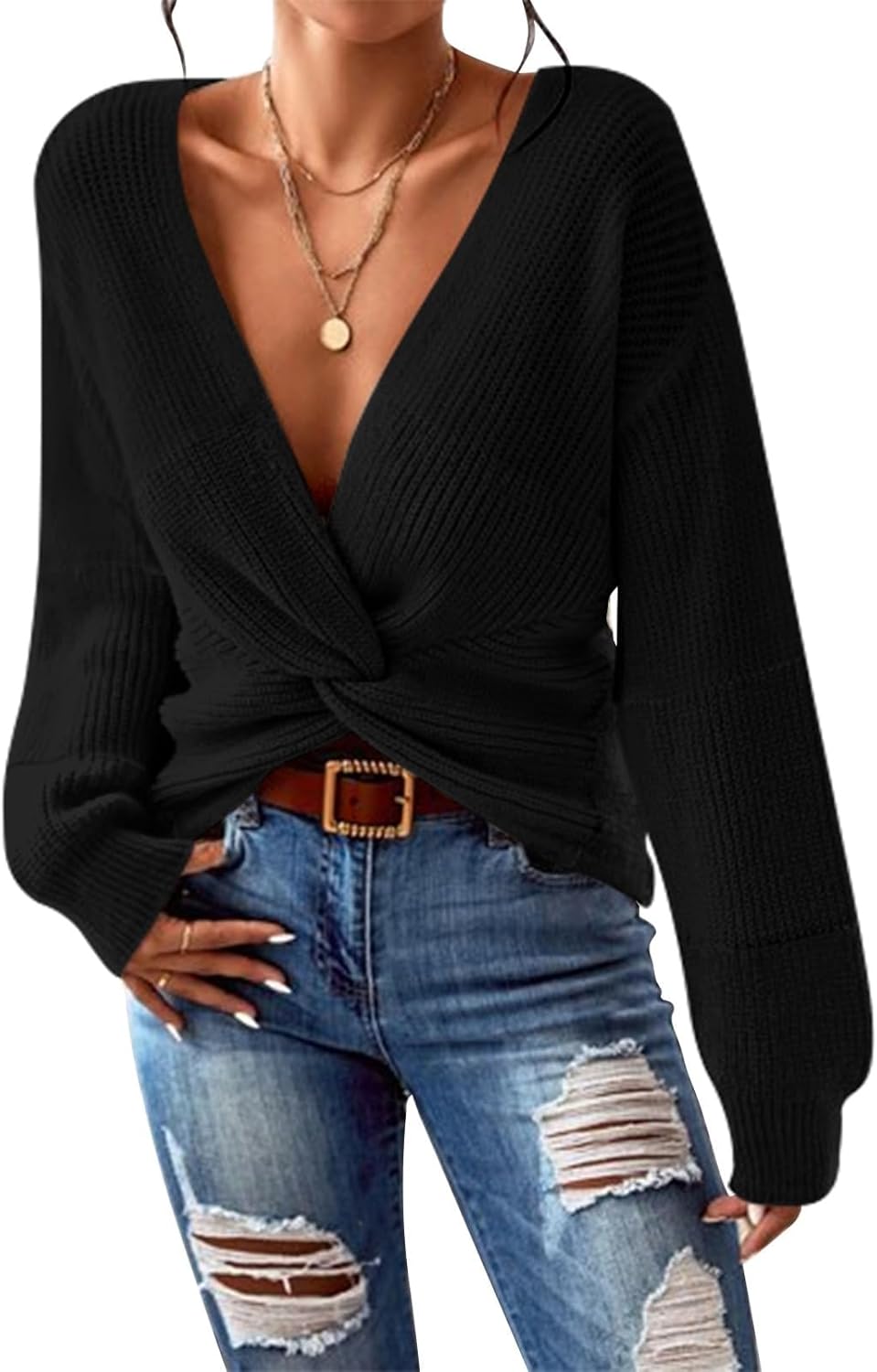 Pink Queen Women's 2025 Casual Pullover Sweaters Sexy V Neck Long Sleeve Twist Knot Cropped Knit Sweater Tops