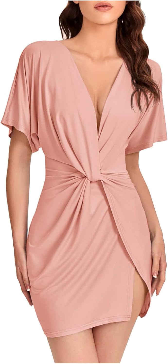 Floerns Women's Deep V Neck Twisted Plunging High Slit Mini Party Dress