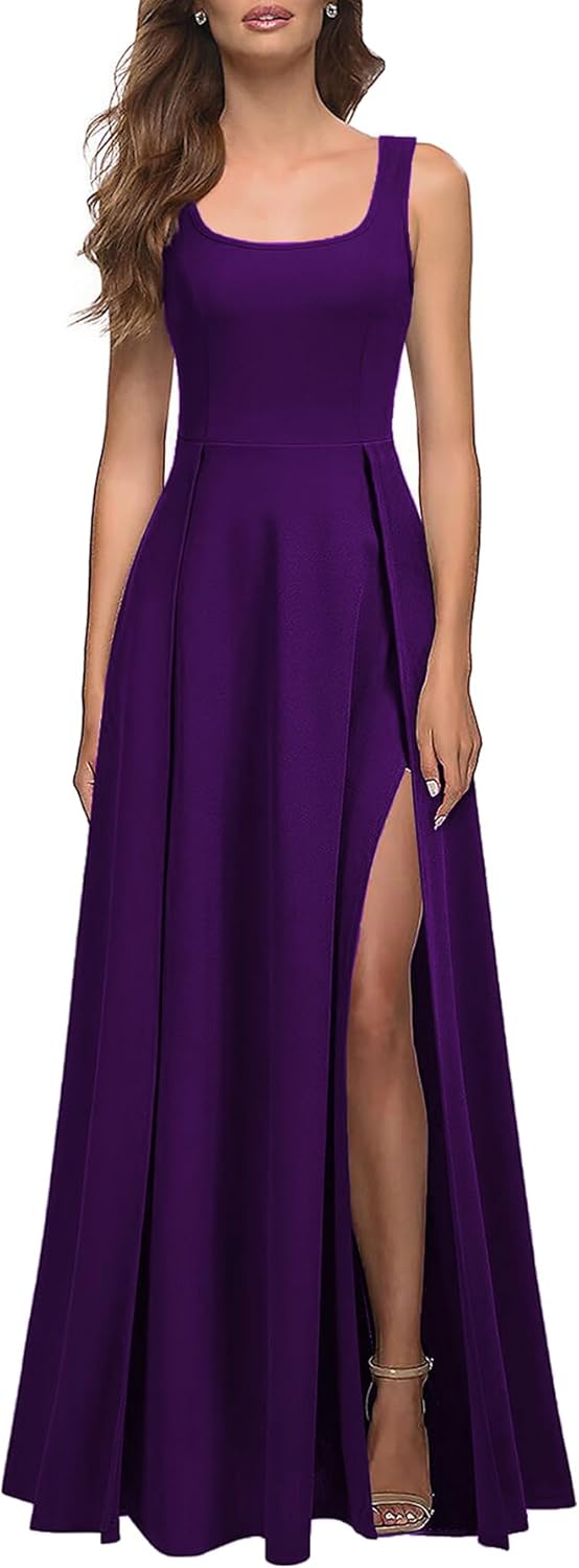 MUSHARE Women's Square Neck Sexy Split Cocktail Party Maxi Long Formal Dress