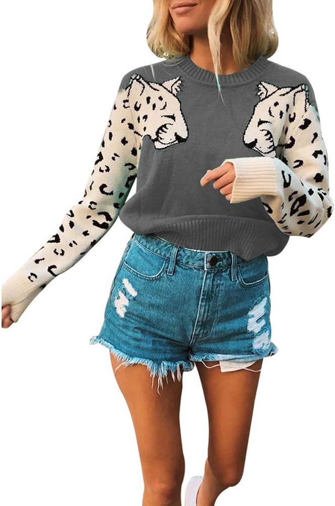 JUNBOON Women’s Casual Leopard Print Knitted Pullover Sweaters Long Sleeve Crew Neck Jumper Tops