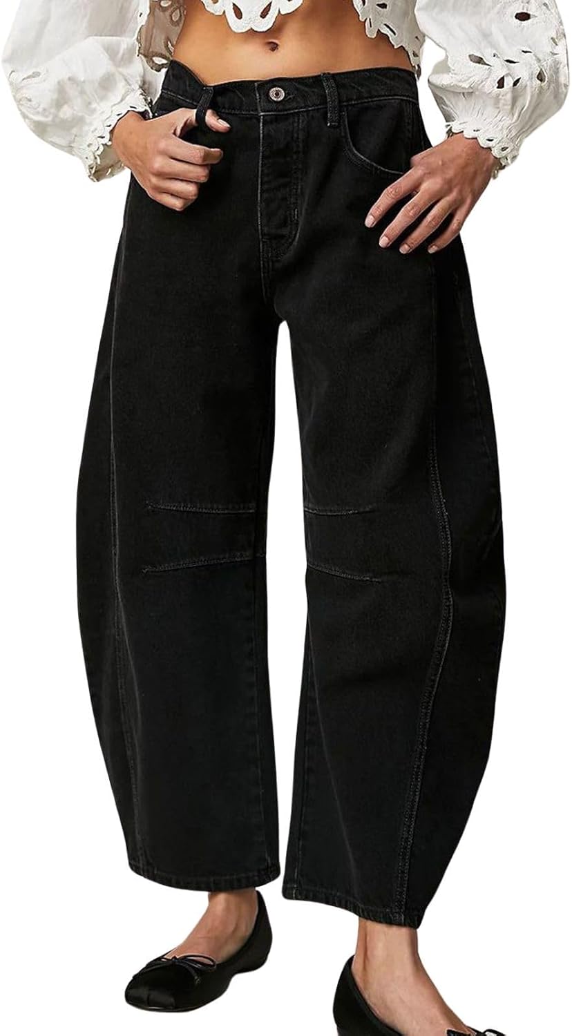 Womens Stretchy Mid Rise Barrel Jeans Vintage Loose Wide Leg Cropped Denim Pants Y2k Baggy Boyfriend Jeans