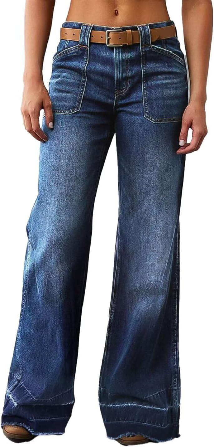 Flamingals Wide Straight Leg Mid Rise Baggy Pocket Denim Jeans Without Belt