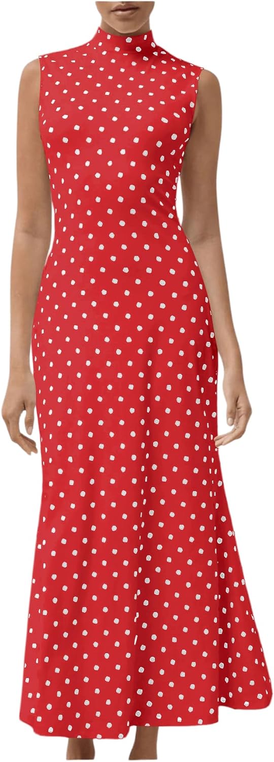 Milumia Women's Polka Dots Maxi Tank Dress Vintage Mock Neck Sleeveless Elegant Long Dresses