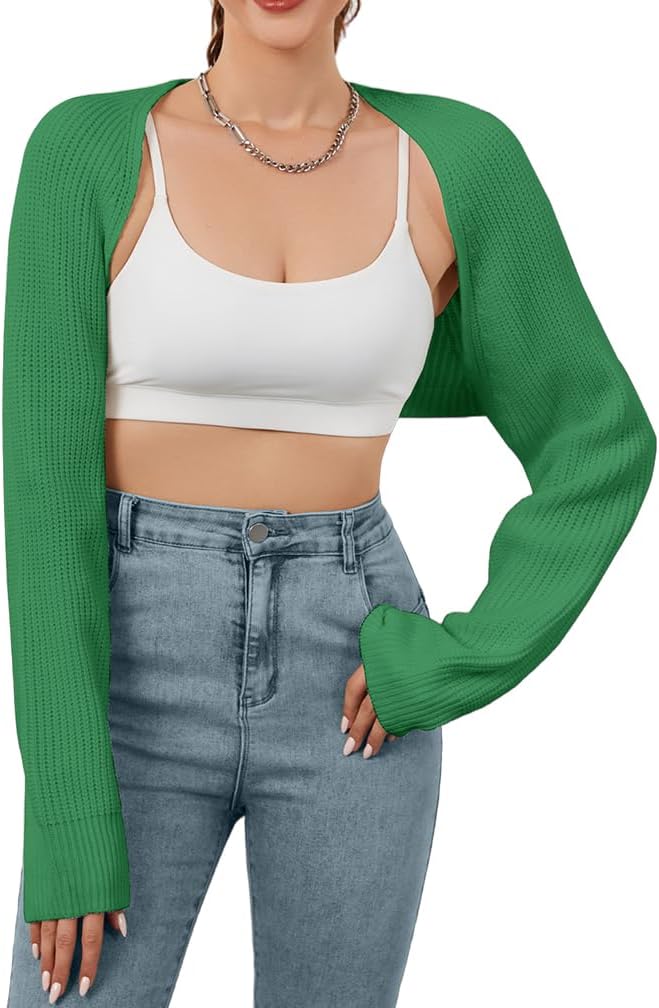 Women Open Front Ribbed Knit Crop Bolero Drop Shoulder Long Sleeve Solid Loose Fit Knitted Crop Cardigan Shrug