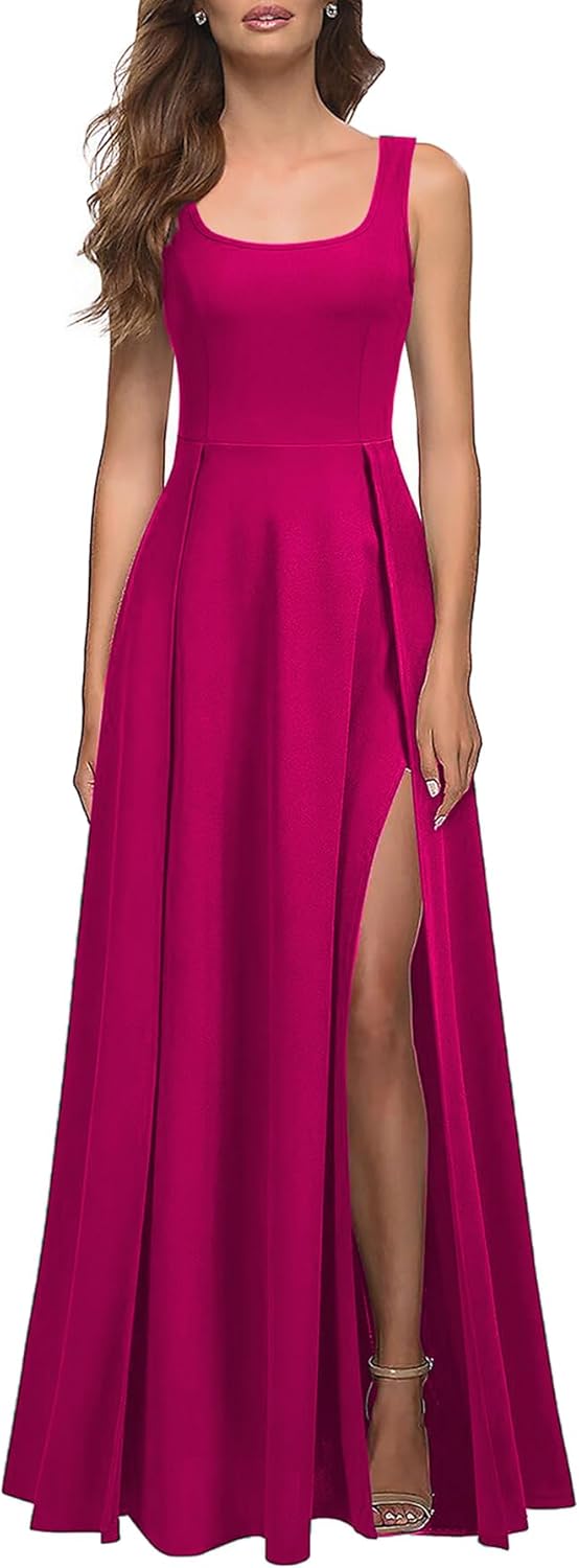 MUSHARE Women's Square Neck Sexy Split Cocktail Party Maxi Long Formal Dress