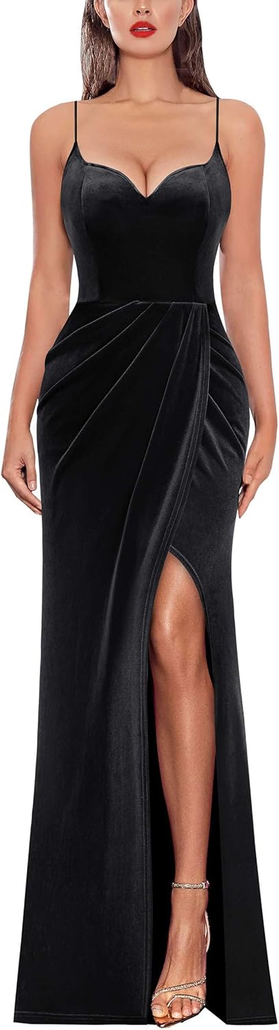 VFSHOW Womens Sexy Formal Ruched Fitted High Slit Bodycon Maxi Dress Spaghetti Strap Sweetheart Cocktail Prom Evening Gown