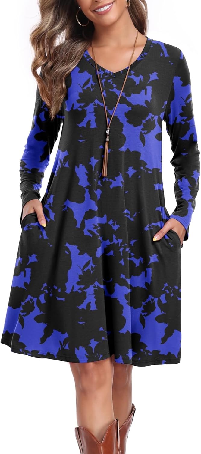 Women's Casual T Shirt Dresses Fall Long Sleeve Swing Dress with Pockets