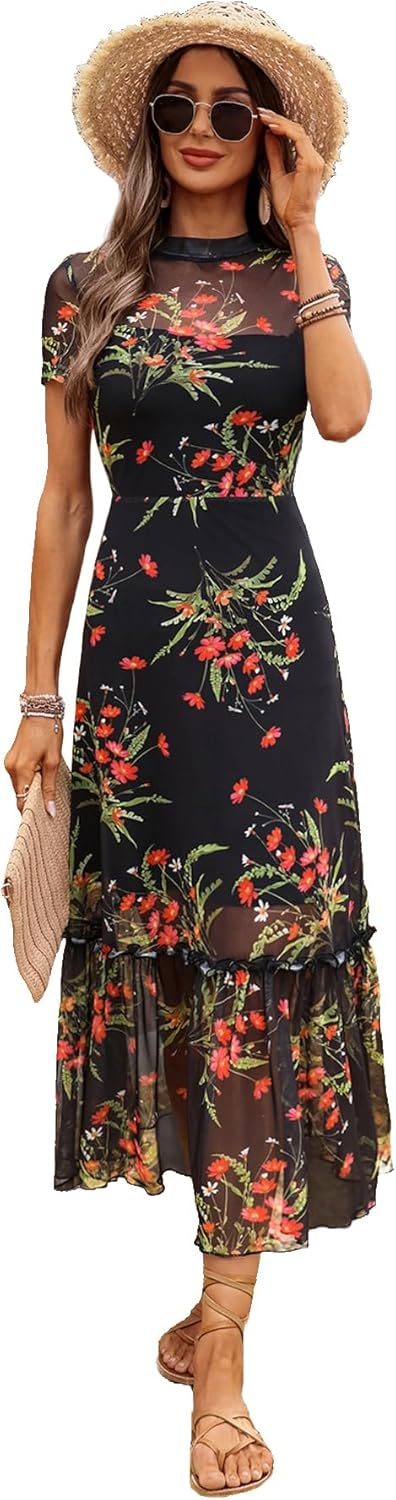 GothDark Women's Summer Floral Mesh Ruffle Dress Short Sleeve Round Neck Waist Cinched Casual Maxi Wedding Guest Dresses