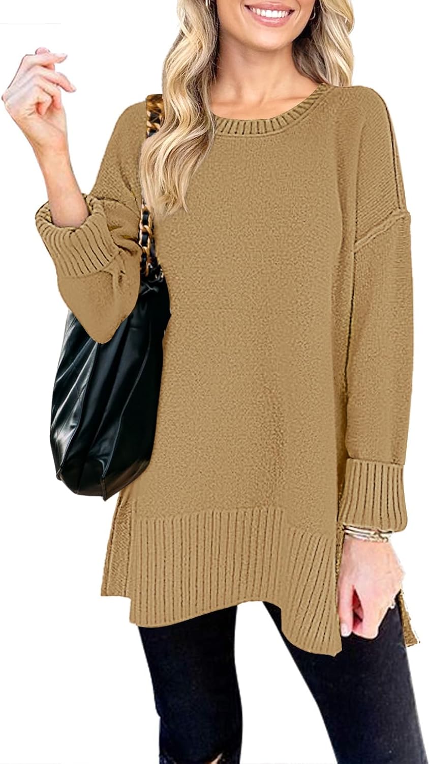 MEROKEETY Women's 2025 Fall Winter Oversized Pullover Sweater Casual Loose Crew Neck Long Sleeve Side Split Jumper Tops