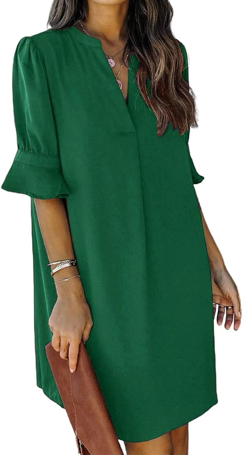 QACOHU Summer Dresses for Women V Neck Ruffle Short Sleeve Casual Shift Dress