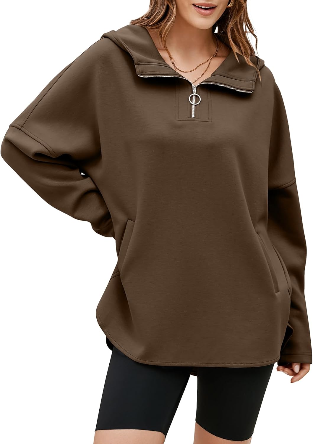 EVALESS Women's Oversized Hoodies Casual Long Sleeve Half Zipper Pocket Sweatshirt Pullover Tops