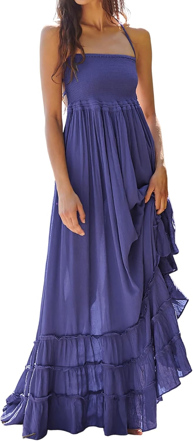 R.Vivimos Womens Summer Boho Sexy Backless Long Dresses