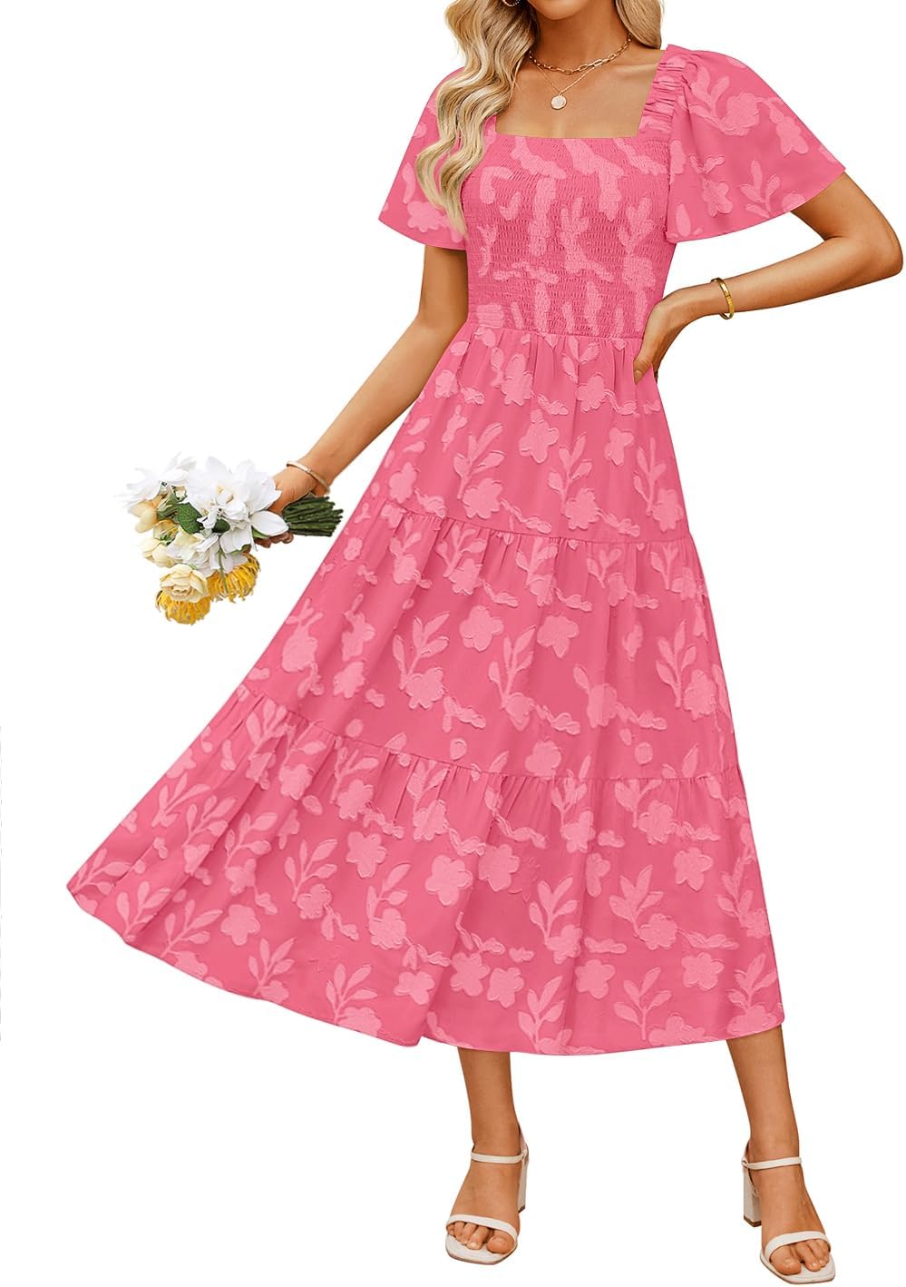 ZESICA Women‘s Summer Boho Floral Midi Dress 2025 Casual Short Sleeve Square Neck Flowy Beach Vacation Long Dress