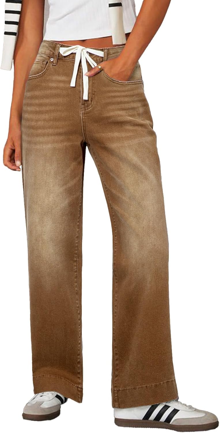 Sidefeel Women's Wide Leg Jeans High Waisted Stretchy Straight Leg Baggy Drawstring Zimbaplatinum Denim Pants