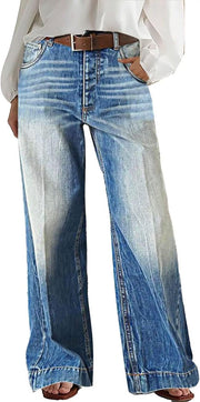 Flamingals Wide Leg Jeans for Women Mid Waist Baggy Stitch Decor Denim Washed Pants Without Belt