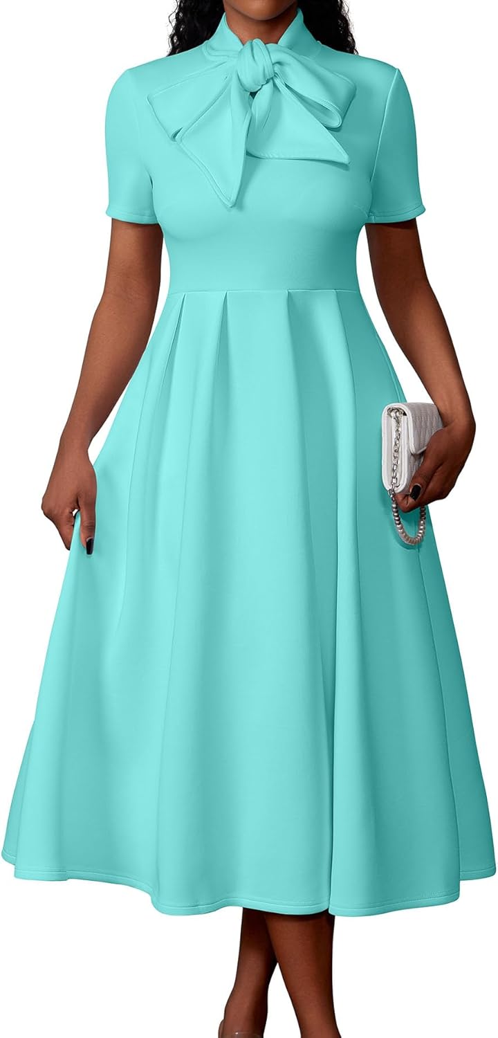 Memoriesea Women's Elegant Casual Short Sleeve Work Party A-Line Dress with Pockets