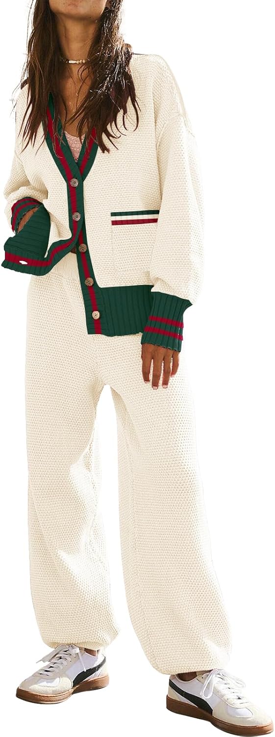 Women's 2 Piece Outfit Lounge Set Trendy Cardigan Sweater Pants Sets V Neck Button Pocket Knit Matching Loungewear