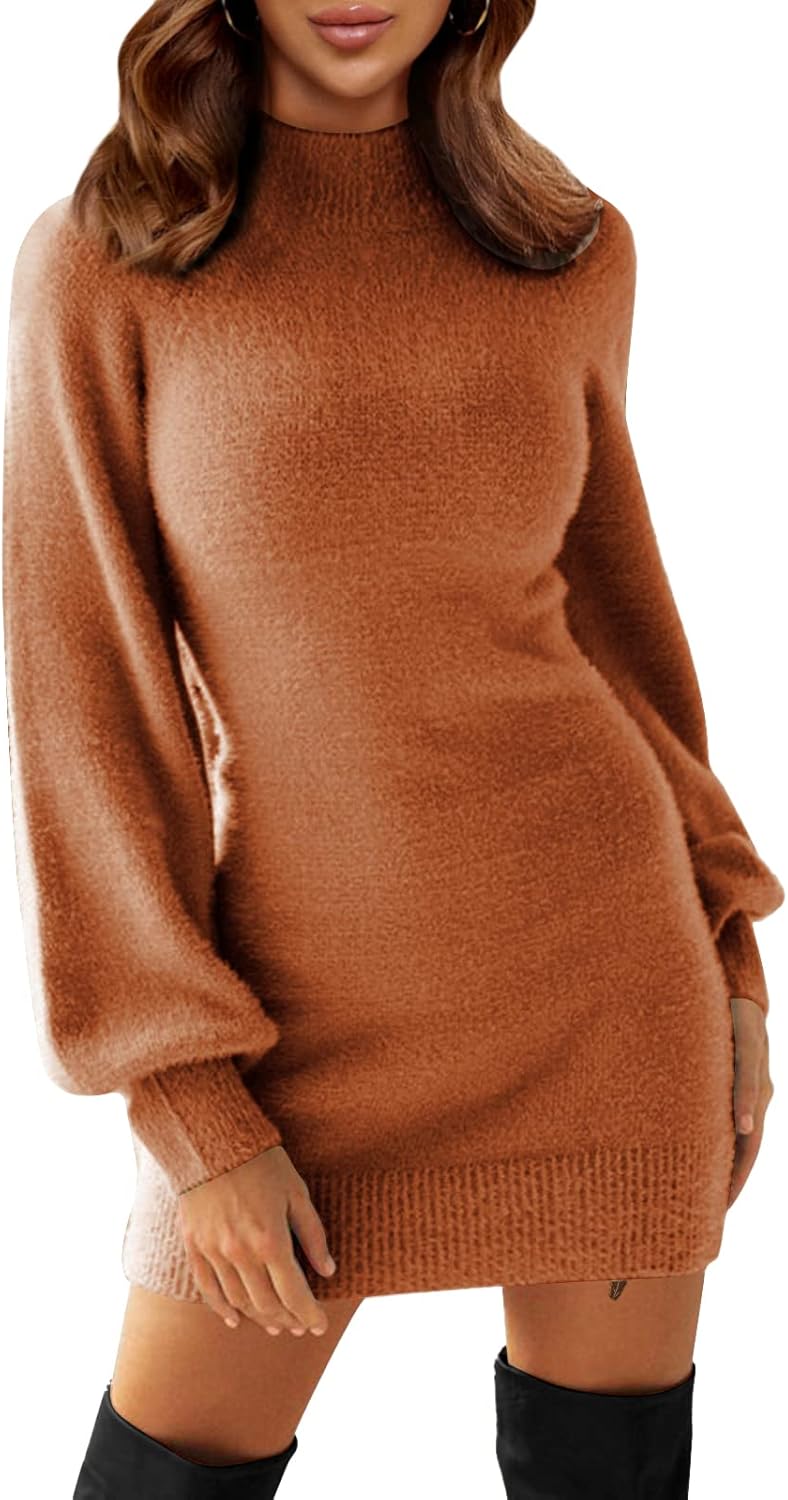 EXLURA Women's 2025 Mock Neck Ribbed Long Sleeve Bodycon Pullover Cute Mini Sweater Dress