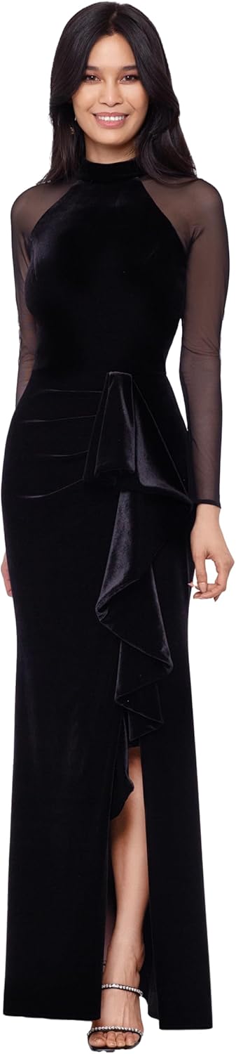 Betsy & Adam Women's Long Velvet Illusion Sleeve Mock Neck Ruched Gown