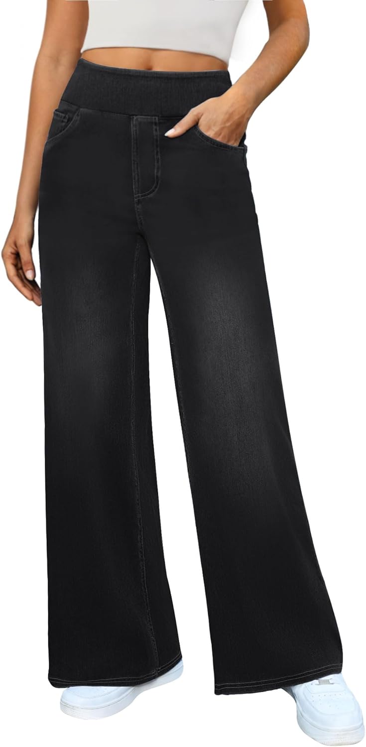 Women's Wide Leg Jeans High Waisted Stretchy Denim Pants Elastic Waist Pull On Sweatpant Jeans Trendy Baggy Loose