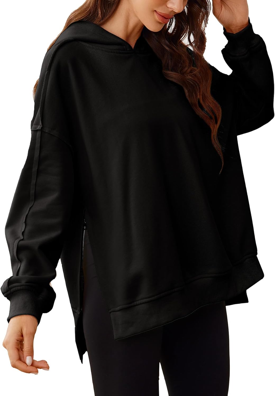 Glamaker Women's Oversized Hoodies Side Slit Zip Up Pullover Sweatshirt Casual Long Sleeve High Low Fall Clothes Top Shirts