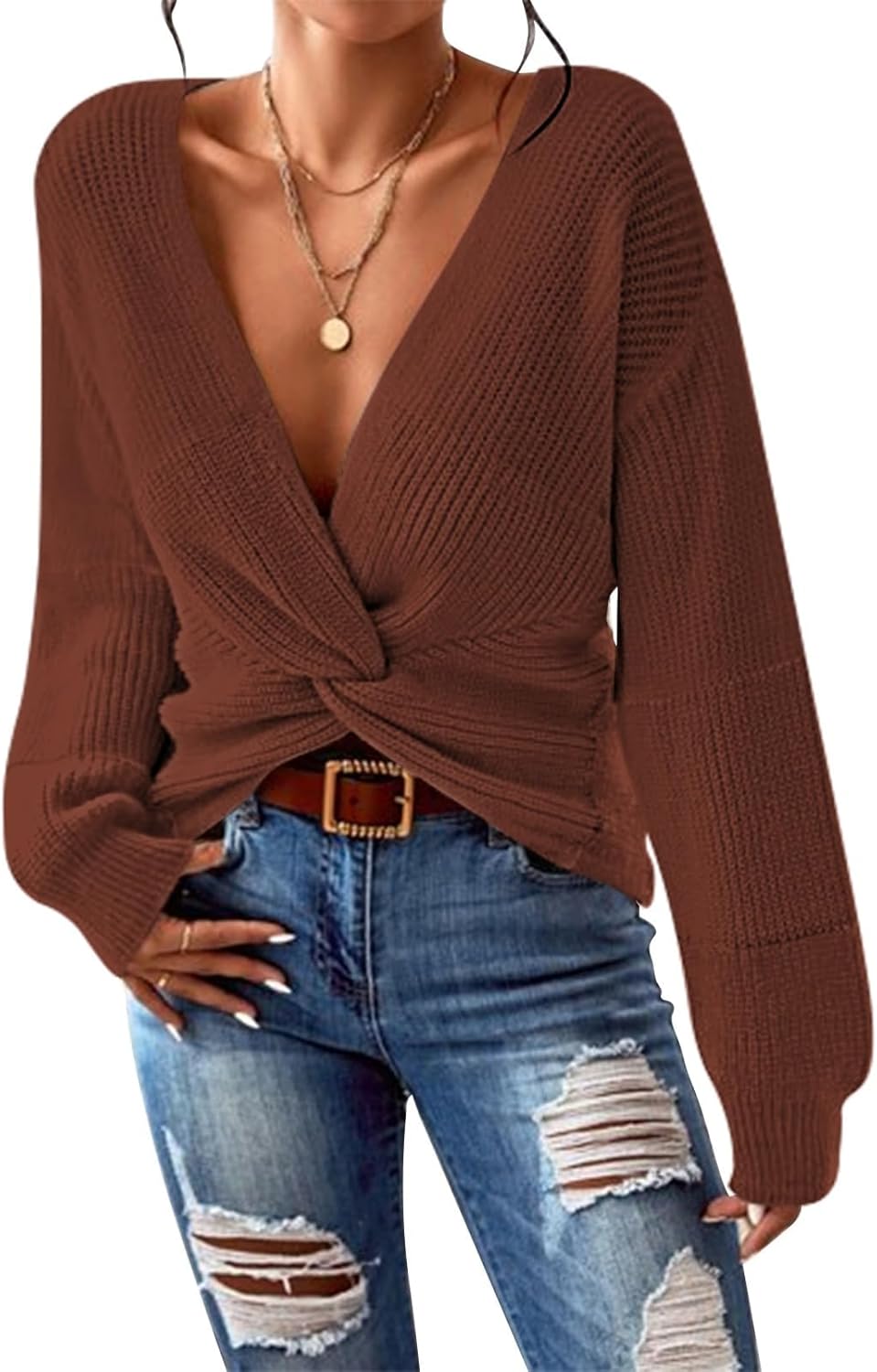 Pink Queen Women's 2025 Casual Pullover Sweaters Sexy V Neck Long Sleeve Twist Knot Cropped Knit Sweater Tops