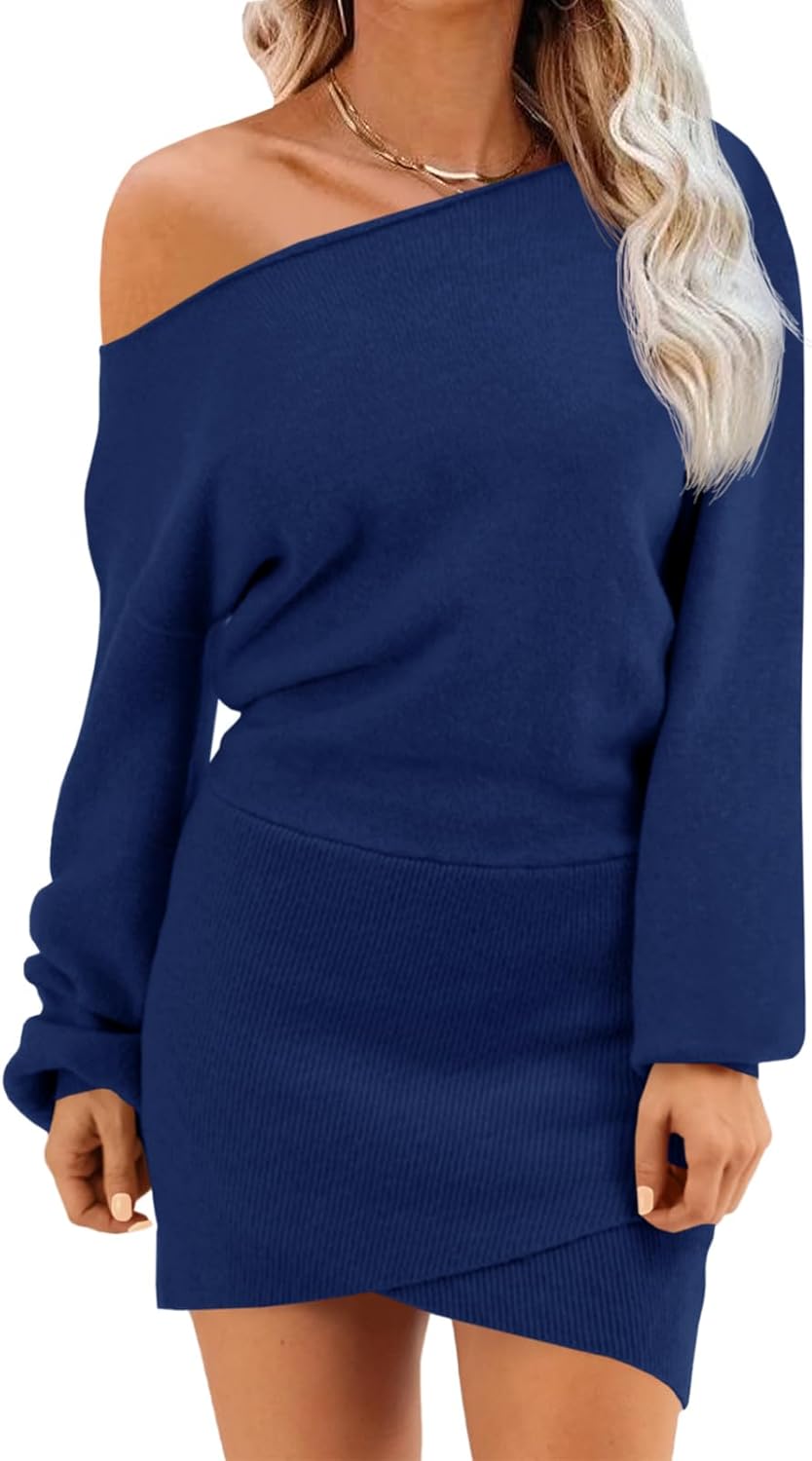 Wenrine Women's Off The Shoulder Sweater Dress 2025 Fall Winter Casual Long Sleeve Knit Slim Fit Pullover Mini Dresses