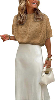 GORGLITTER Women's Puff Sleeve Crewneck Knit Shirt Top Short Sleeve Solid Loose Sweater