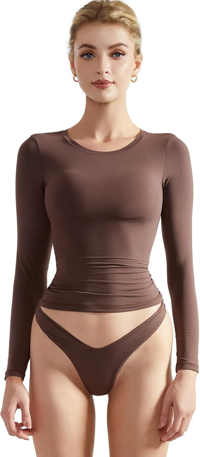 SUUKSESS Women Double Lined Fitted Basic T Shirts Crew Neck Long Sleeve Crop Top