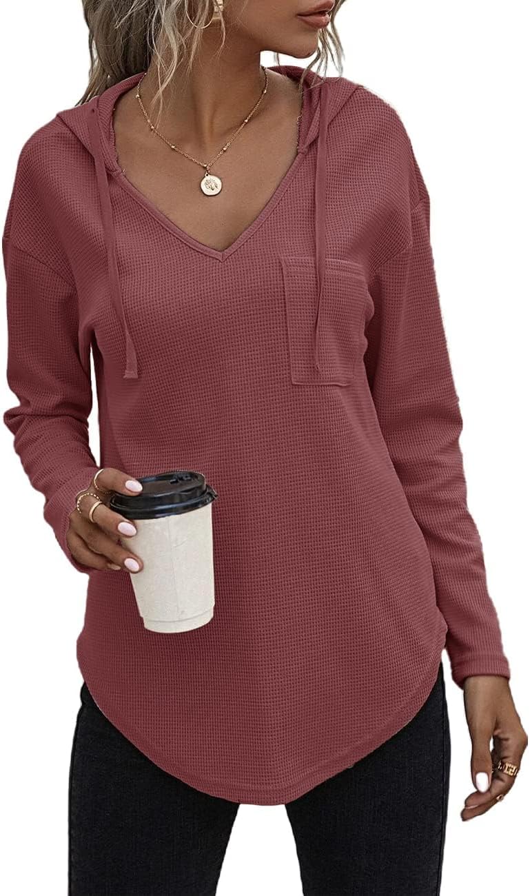 Women's V Neck Hoodies Long Sleeve Sweatshirt Drawstring Pullover Tops with Pocket
