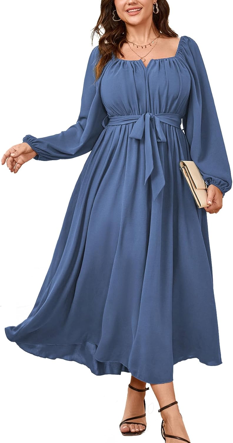 SCOMCHIC Women Plus Size Maxi Dress Long Sleeve Square Neck Wedding Guest Cocktail Belted Elegant Flowy A Line Long Dresses