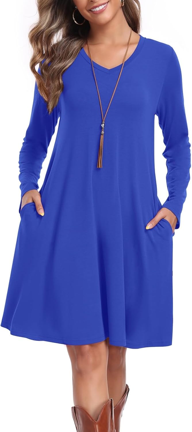 Women's Casual T Shirt Dresses Fall Long Sleeve Swing Dress with Pockets