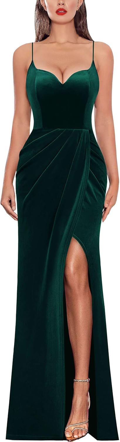 VFSHOW Womens Sexy Formal Ruched Fitted High Slit Bodycon Maxi Dress Spaghetti Strap Sweetheart Cocktail Prom Evening Gown